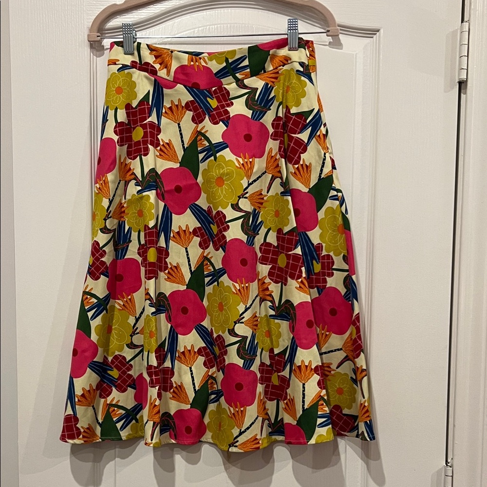Miss Lulo Ava Floral A-Line Midi Skirt with Pink & Yellow Flowers Size Med; NWT